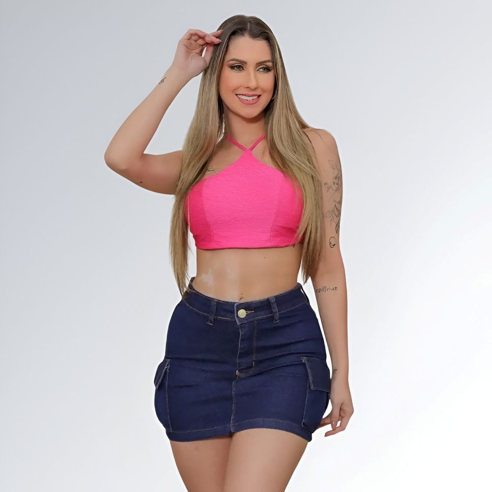Mini Saia Jeans Cargo Azul Escuro Bolsos Feminina Jz New Moda
