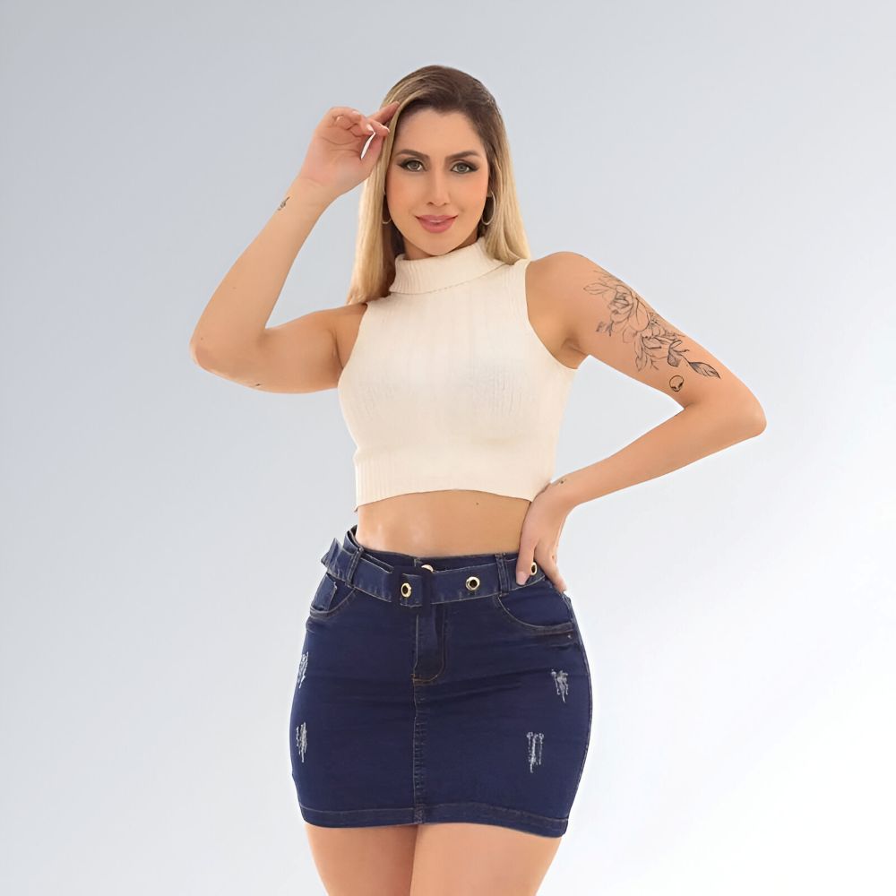 Saia Curta Jeans com Detalhes de Cinto Azul Escuro e Cintura Alta Feminina Jz New Moda
