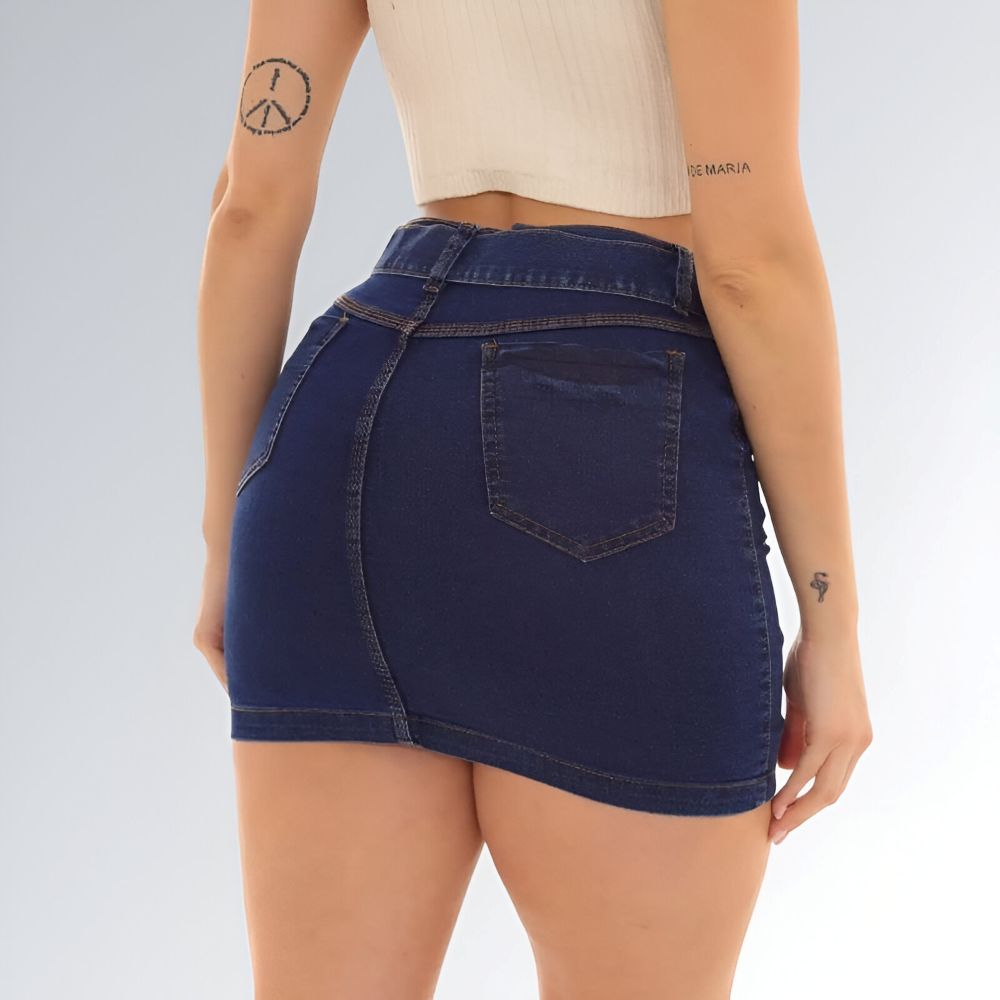 Saia Curta Jeans com Detalhes de Cinto Azul Escuro e Cintura Alta Feminina Jz New Moda