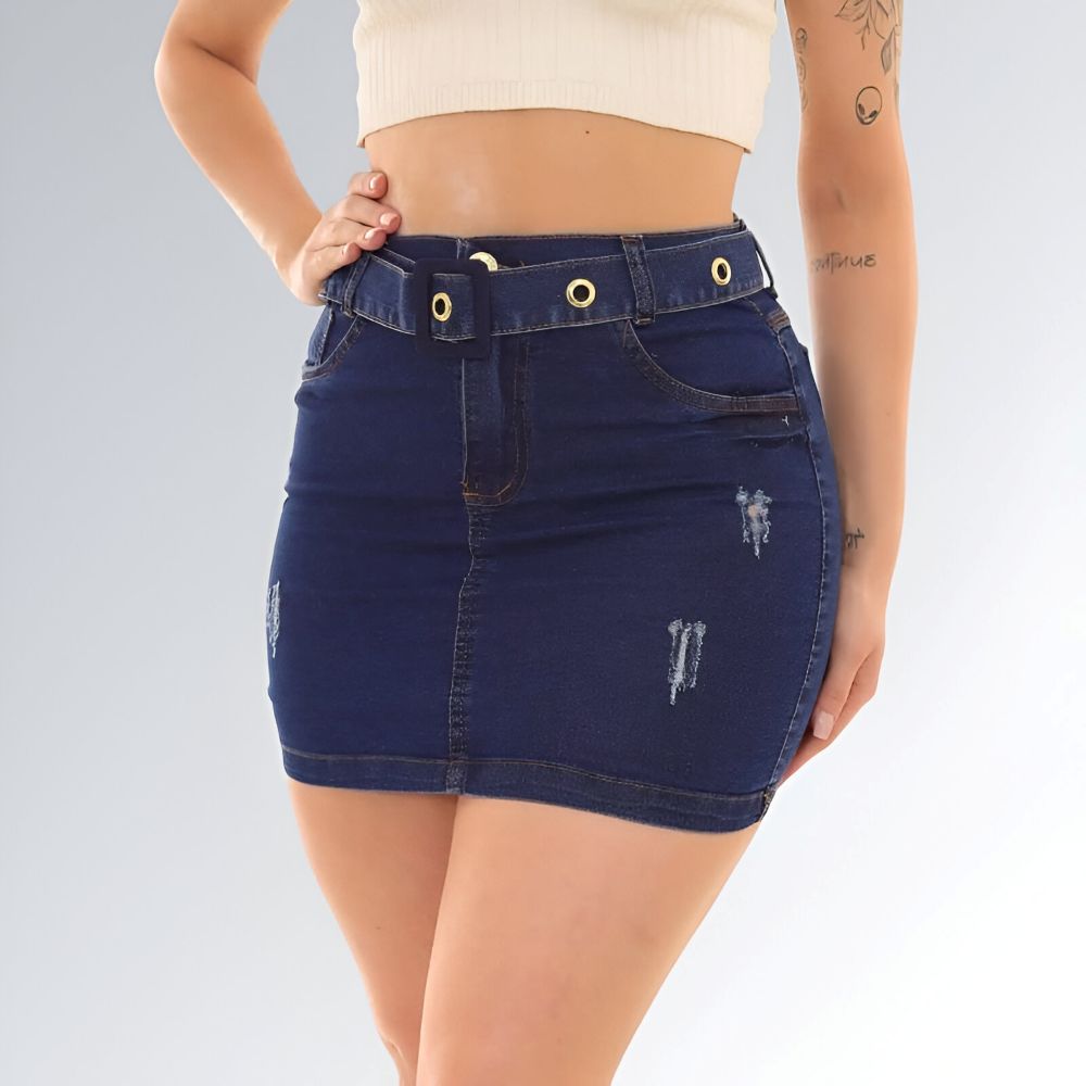 Saia Curta Jeans com Detalhes de Cinto Azul Escuro e Cintura Alta Feminina Jz New Moda
