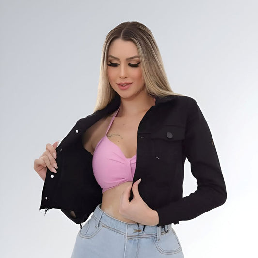 Jaqueta Feminina Cropped Sarja Preto Black Jz New Moda