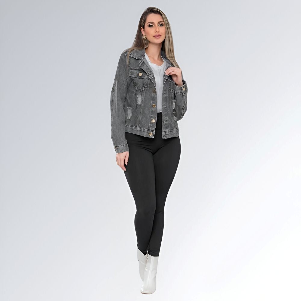 Jaqueta Jeans Cinza Grafite Marmorizada Feminina Jz New Moda