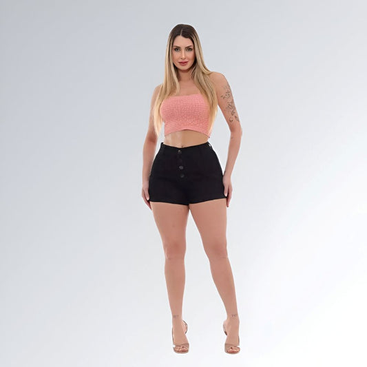 Shorts Sarja Feminino Black Cintura Alta Quadro Botões Moda Verão Jz New Moda