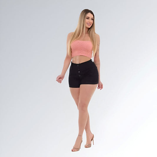 Shorts Sarja Feminino Black Cintura Alta Quadro Botões Moda Verão Jz New Moda
